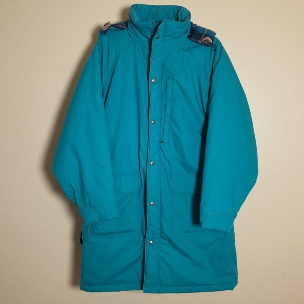 L.L. Bean Women's XL Baxter State Parka Jacket Teal Plaid Wool Lined Hooded USA